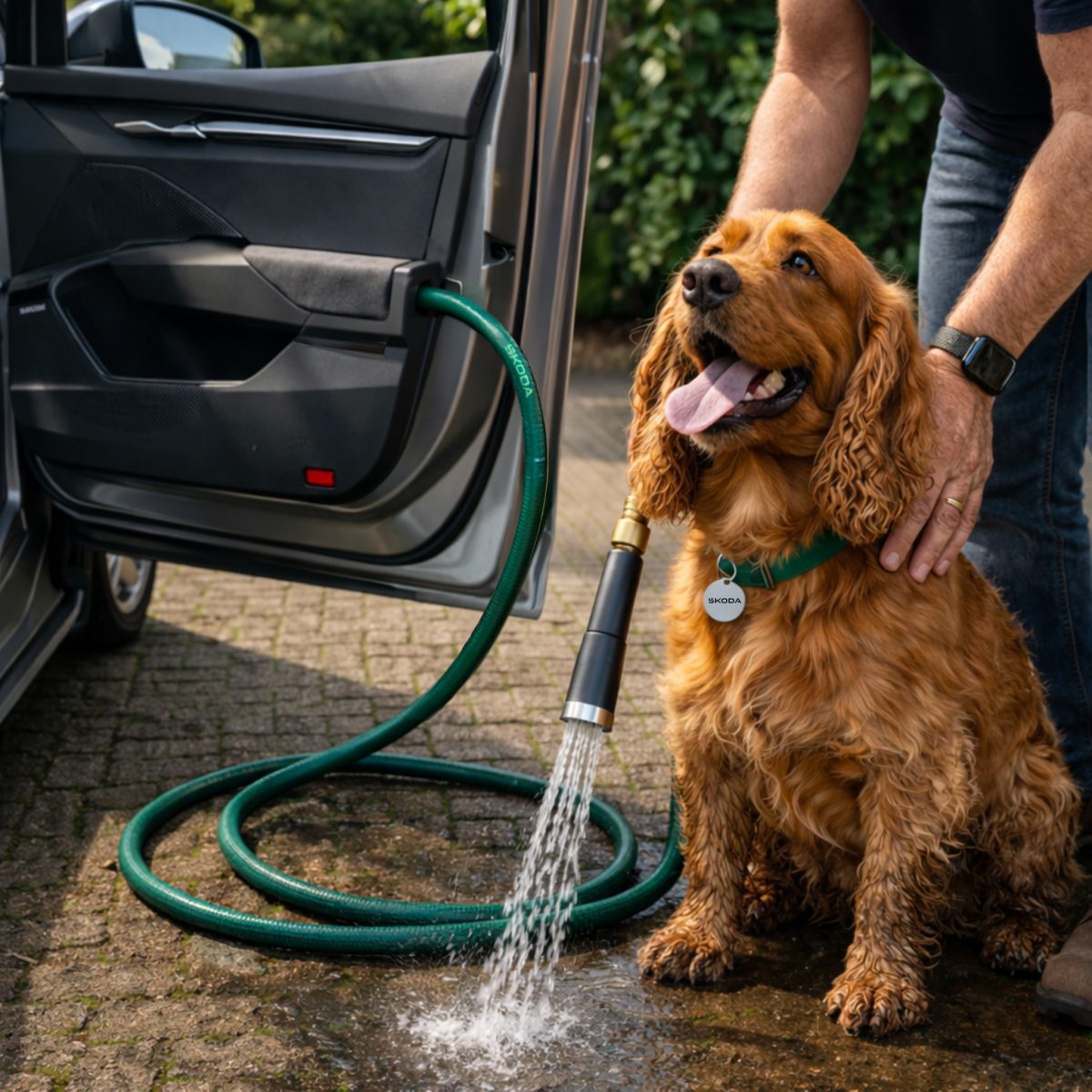 The Škoda Hound Hose is located where the Simply Clever umbrella is usually stored, neatly installed in the door.