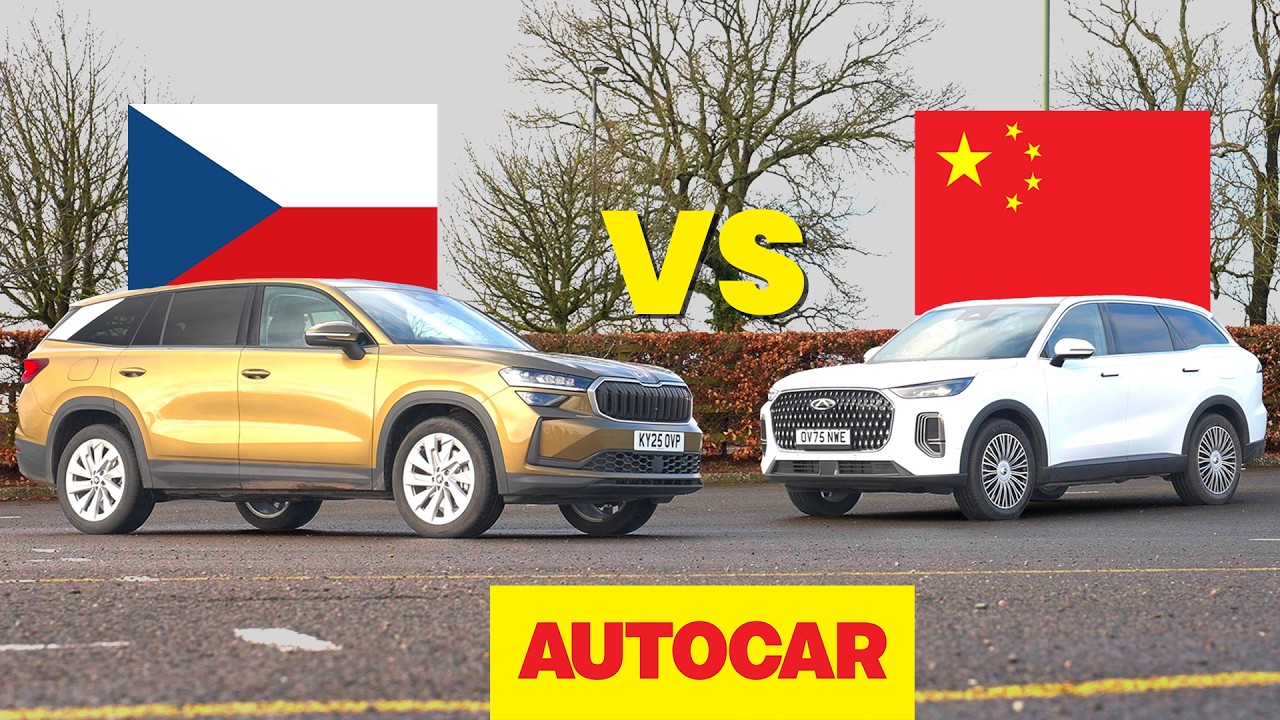 Two SUVs face off in a car comparison, with the Czech flag on the left, the China flag on the right, and a bold VS between them, Autocar branding below.