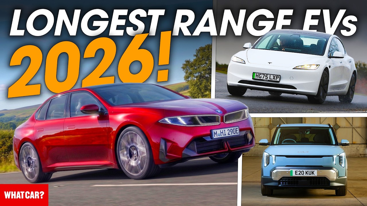 Video thumbnail collage: bold 'Longest Range EVs 2026' text with red BMW i4, white Tesla Model 3, and a blue electric SUV; WHATCAR? logo visible.