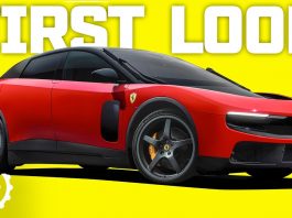 Red Ferrari sports car on a bright yellow background with large 'FIRST LOOK' text, BBC TG badge in the corner.
