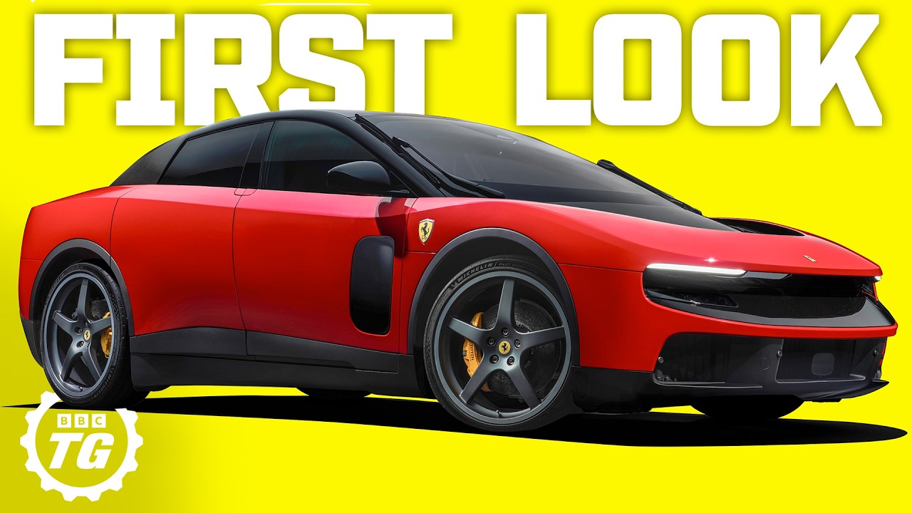19002 Red Ferrari sports car on a bright yellow background with large 'FIRST LOOK' text, BBC TG badge in the corner.