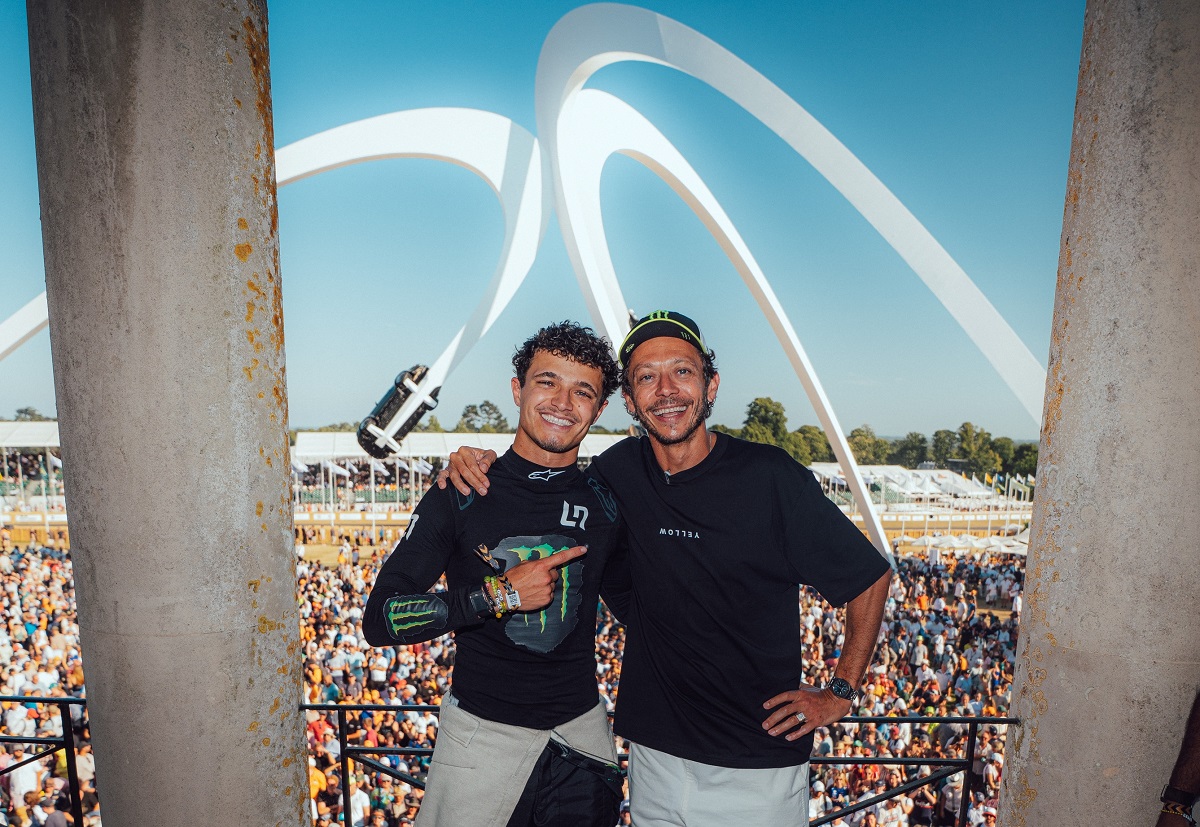 Lando Norris and Valentino Rossi Monster Energy Balcony Moment at the 2026 Festival of Speed presented by Mastercard.