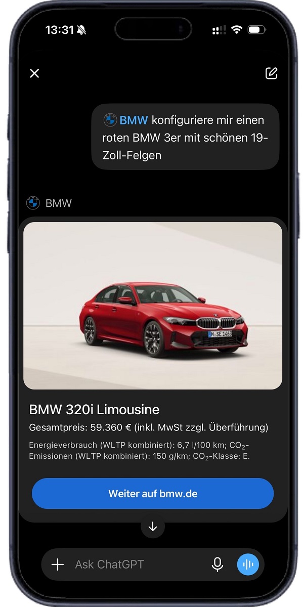 BMW configurator screen showing a red BMW 320i Limousine with price and specs, and a blue 'Weiter auf bmw.de' button.