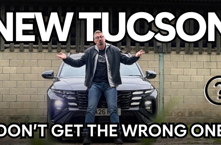 YouTube thumbnail: a man stands in front of a black SUV under bold text 'NEW TUCSON' and 'DON'T GET THE WRONG ONE' with a magnifying-glass icon and question mark on the right.