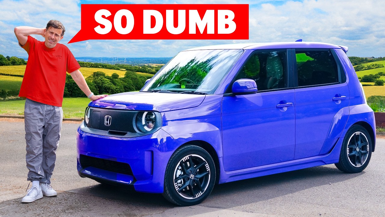 Man in a red shirt leans on a blue Honda hatchback beneath a bold red 'SO DUMB' banner in a countryside setting.