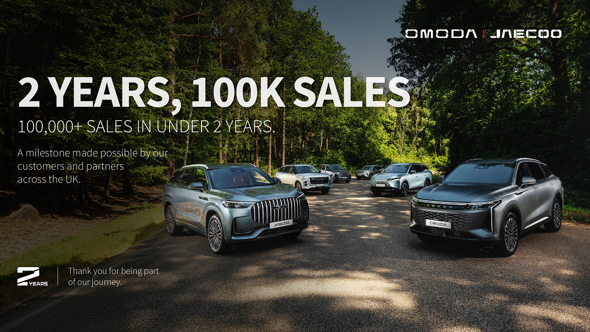 Omoda cars lined up on a forest road celebrating 2 years and 100k sales, with a bold milestone headline overlaid in white text.
